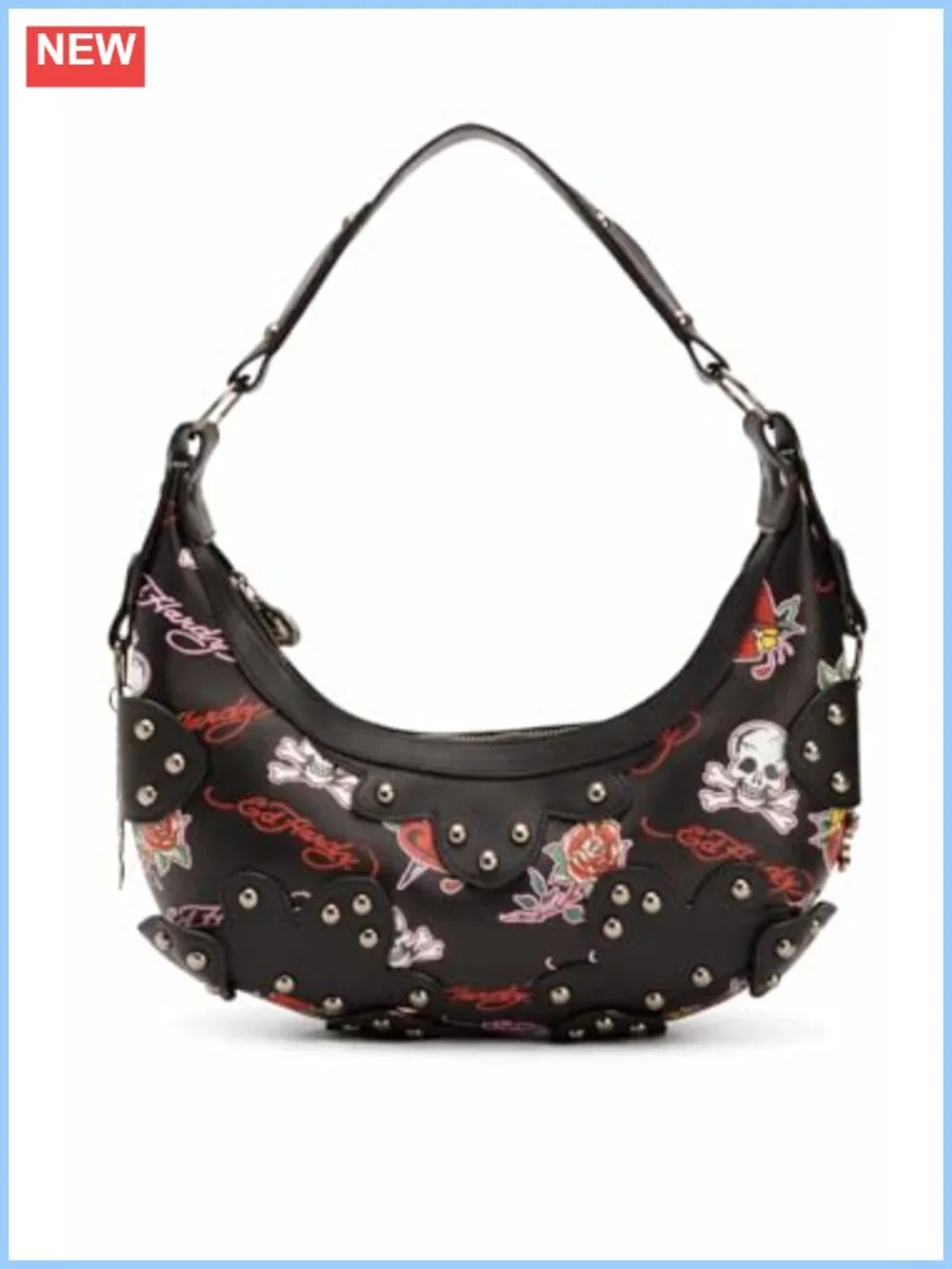 Studded Tattoo Hobo Shoulder Bag Faux Leather Zip Closure Rocker Style